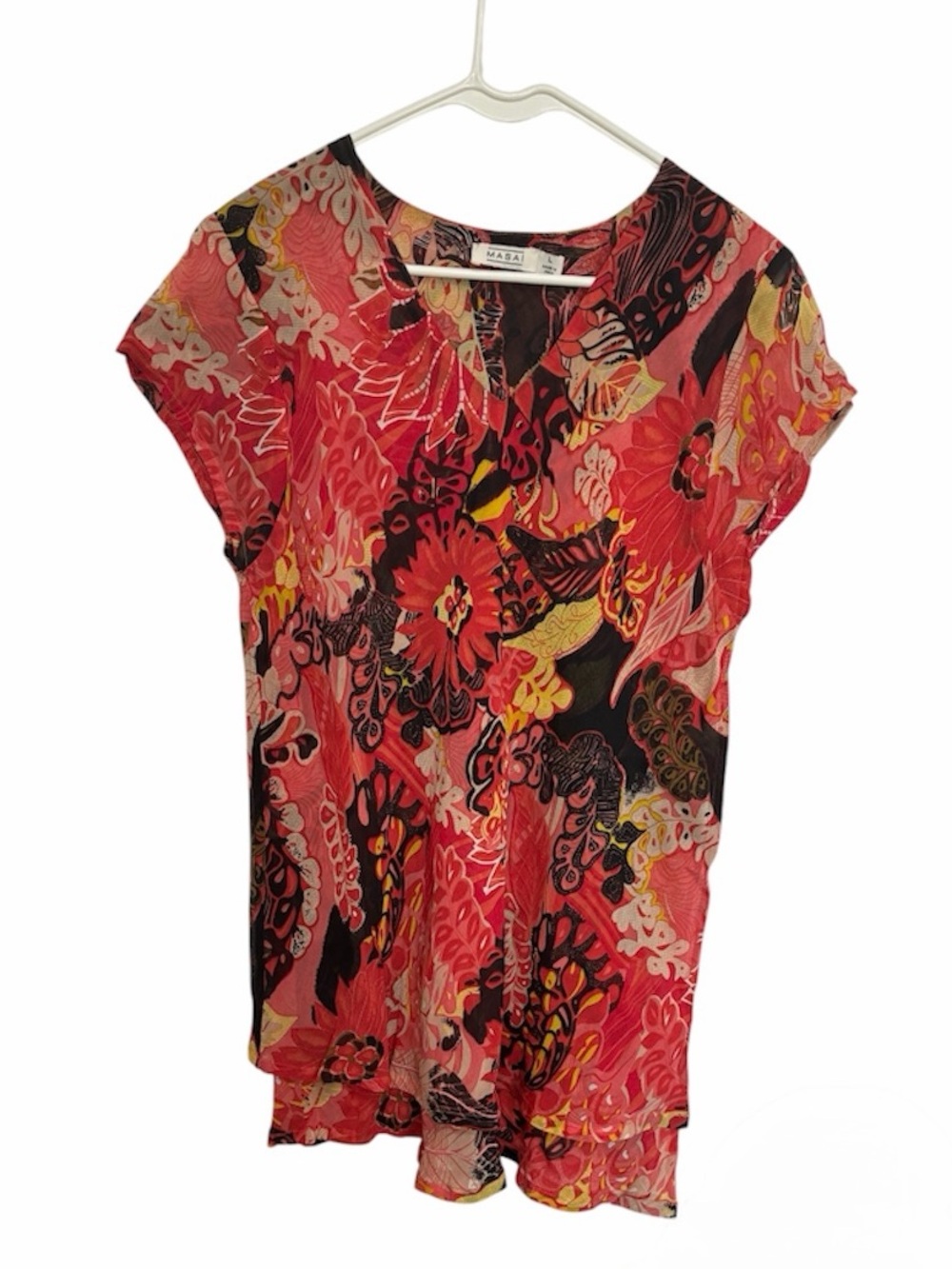 Masai Coral Red Floral V-Neck Short Sleeve Blouse